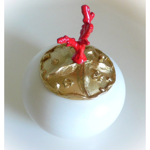 White One of a Kind Red Coral, Hand-Carved Gold Plated Lid Round Ceramic Box France For Sale - Image 8 of 10