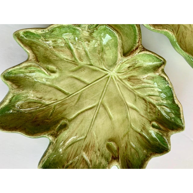 Green Vintage Portuguese Faiancas Neto & Gomes Hand-Painted Majolica Leaf Canapé Plates- Set of 3 For Sale - Image 8 of 12