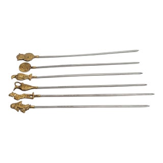 Vintage Turkish Figural Brass & Stainless Steel Shish Kebab Skewers - Set of 6 For Sale