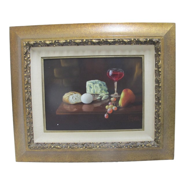 Carlo Wahlbeck Gold Frame Fruit Cheese Bread & Wine Still Life Oil Painting For Sale