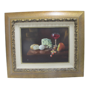 Carlo Wahlbeck Gold Frame Fruit Cheese Bread & Wine Still Life Oil Painting