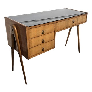 Italian Art Deco Walnut Burl and Glass Desk, 1940s For Sale