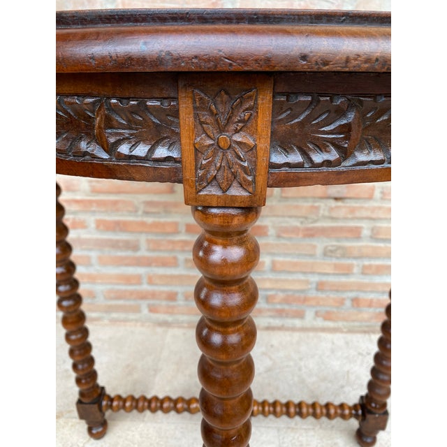 Brown 1930s Spanish Round Carved Wood Side Table With Bobbin Turned Legs For Sale - Image 8 of 10