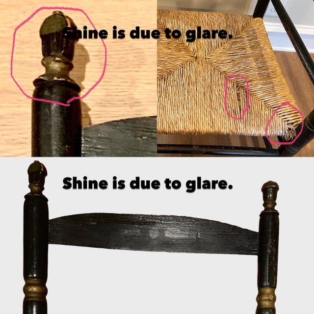 18th Century Ladder-Back Chairs with Curve-Top Slat-Back, Black Paint With Gold Colored Accents, Rush Seat, Hand-Turned Finials and Mushroom Handholds For Sale - Image 11 of 12