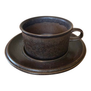 Vintage Arabia Finland Ruska Stoneware Large Coffee Cup & Saucer Brown For Sale