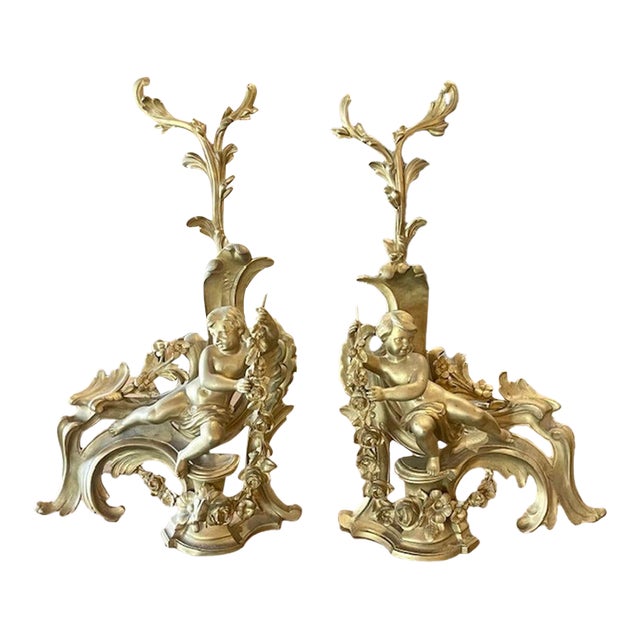Pair of 19th C. French Gilt Bronze Chenet For Sale