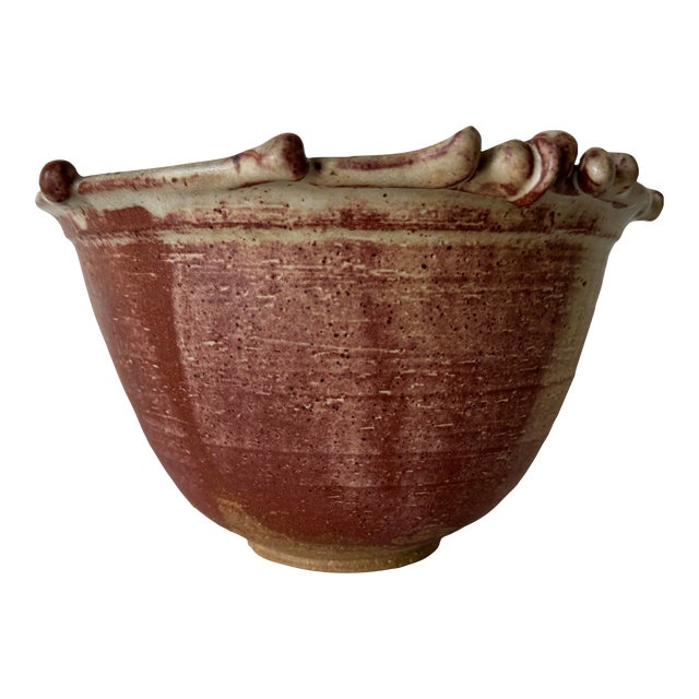 80's Vintage M. Polenberg Art Pottery Bowl With Sculpted Rim and Abstract Design Interior For Sale