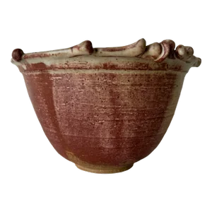 80's Vintage M. Polenberg Art Pottery Bowl With Sculpted Rim and Abstract Design Interior