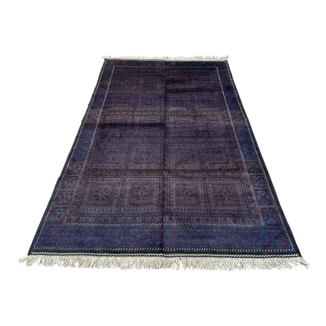 Afghan Baluch Hand-Knotted Wool Rug, Indigo Panel Grid, 9'9" X 6'2" For Sale