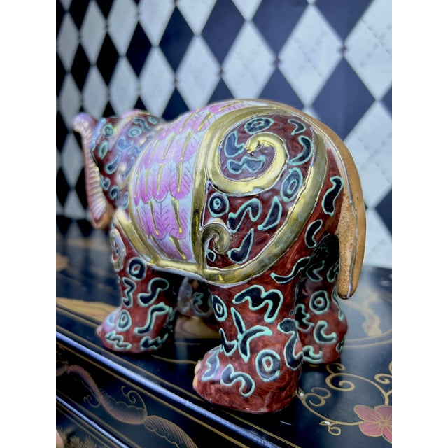 1980's Pair Decorative Ceramic Elephant Figurines in Burgundy, Pink & Gold Chinoiserie, Export Marks For Sale - Image 9 of 16