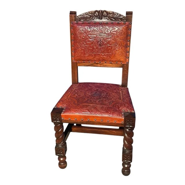 1960s On Hold - Vintage 1966 Spanish Hand Carved Walnut and Tooled Leather Chair For Sale - Image 5 of 13