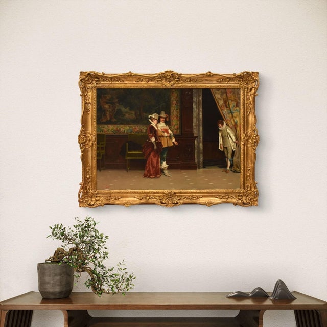 The antique paintings category presents a refined oil on canvas painting depicting an elegant interior scene in historical...