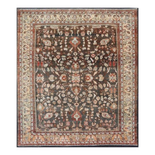 Square Antique Persian Malayer Rug With a Brown Field and Stylized Floral Design 11 X 13 For Sale