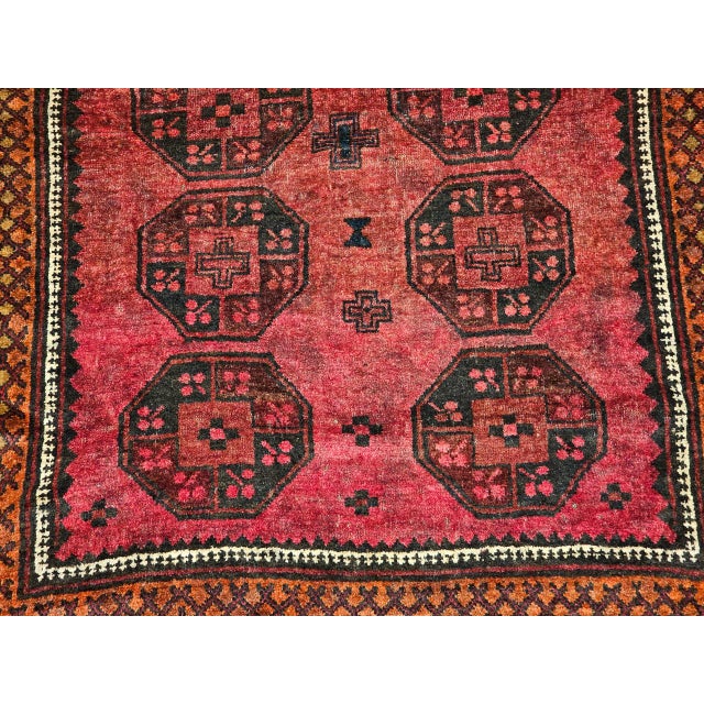 Vintage Afghan Bokhara Area Rug, Hand-Knotted Wool, Allover Geometric Pattern, Plum & Burgundy, 4x5 For Sale - Image 13 of 17