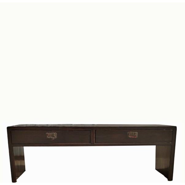 This antique minimalist console table features a rectangular silhouette and a dark, rich lacquer finish that highlights...