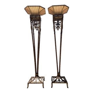 Mid 20th Century Fleur De Lis Torchiere Floor Wrought Iron Lamps - a Pair For Sale