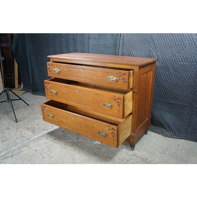Antique Victorian Eastlake Oak Three Drawer Carved Dresser Chest Casters 43" For Sale - Image 11 of 18