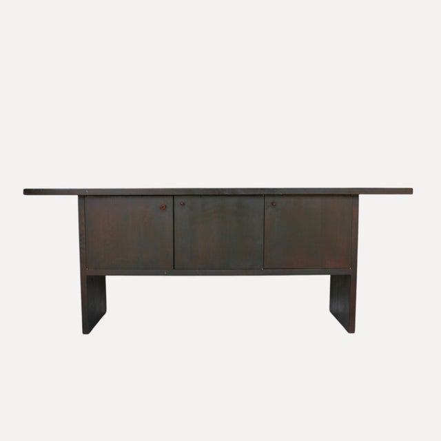 Large Dark-Stained Oak Sideboard with Overhanging Top and 3 Large Doors with Leather Straps, France, 1950s For Sale - Image 3 of 13