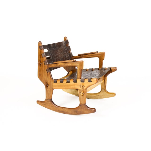 Vintage Mid Century Modernist Wood + Leather Rocking Chair + Ottoman Set – Angel Pazmino For Sale In Los Angeles - Image 6 of 15