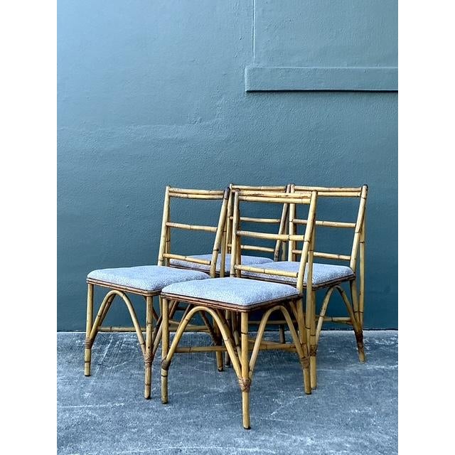 Late 20th Century Vintage Boho Woven Rattan Game Table and Chairs - Set of 5 For Sale - Image 5 of 12