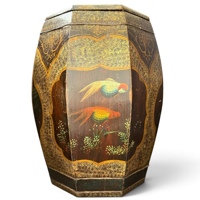 Asian Antique Mid 20th Century Unusual Kitten & Goldfish Octagonal Rice Barrel Hand-Painted Lacquer Wood 17.5" For Sale - Image 3 of 18