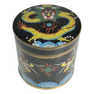 Antique Chinese Cloisonne Tea Caddy: Dragon & Flaming Pearl Design For Sale