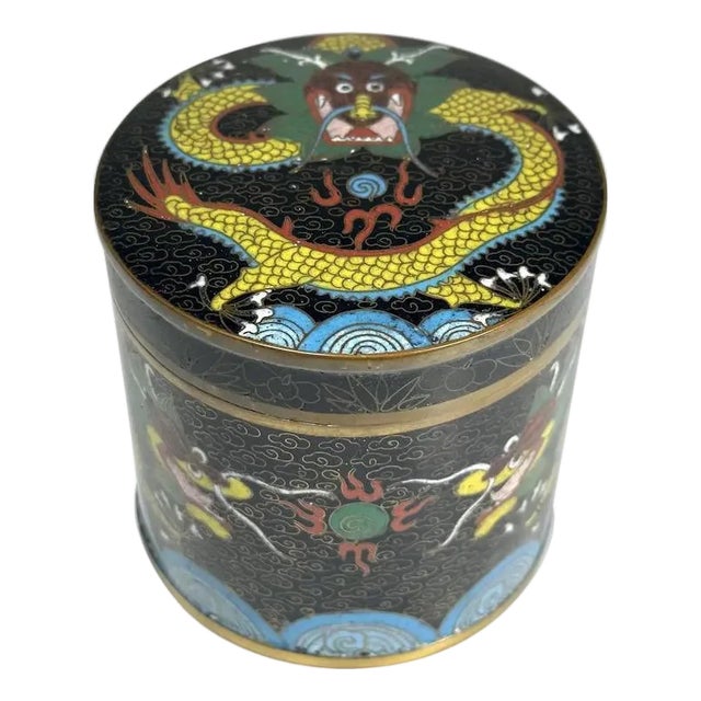 Antique Chinese Cloisonne Tea Caddy: Dragon & Flaming Pearl Design For Sale