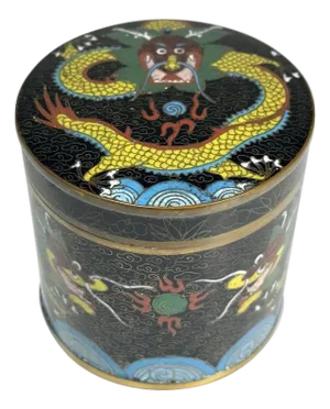 Antique Chinese Cloisonne Tea Caddy: Dragon & Flaming Pearl Design