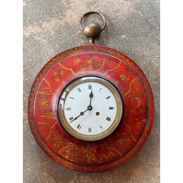 Red Tole Chinoiserie Wall Clock For Sale - Image 6 of 7