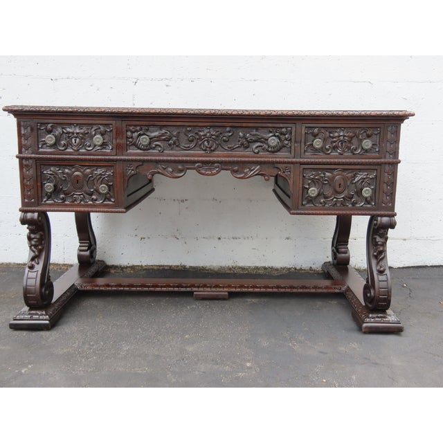 Late 1800s Victorian Large Heavy Hand Carved Cherub Partner Desk 6656 For Sale - Image 14 of 17