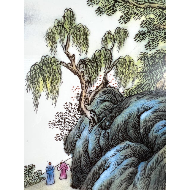 Mid 20th Century Traditional Chinese Carved Blackwood Wall Hanging Plaque Panel With Hand Painted Mountain Landscape on Porcelain (Shan Soi) , Signed For Sale - Image 5 of 12