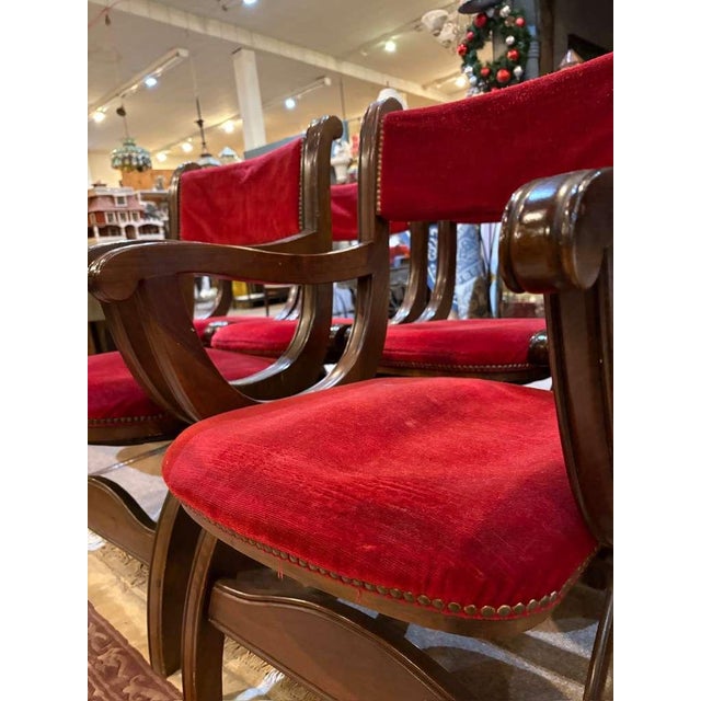 Mid-Century Modern Custom Vintage 1960s Mid Century Modern Marlau of Madrid Glass Top Dining Table With 6 Red Velvet Curule Style Dining Chairs For Sale - Image 3 of 9