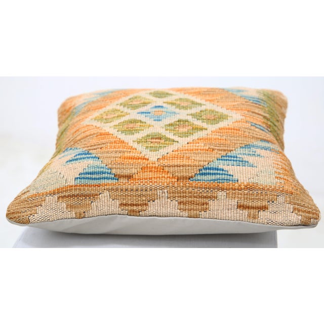 Tribal Arteverk Handwoven Afghan Kilim Pillow — Gold & Green Diamond Medallion For Sale - Image 3 of 3