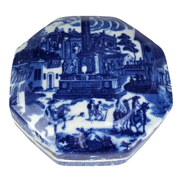 Vintage Flow Blue Porcelain Octagonal Trinket Box in Staffordshire Tradition For Sale
