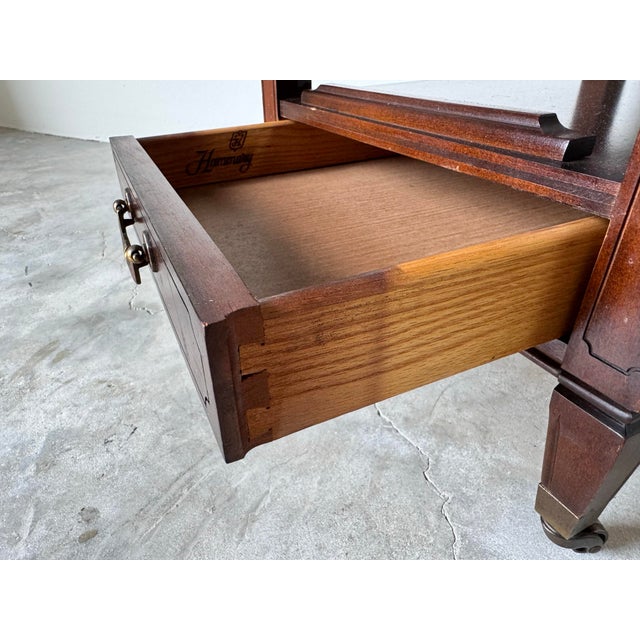 Wood Vintage Hammary Mahogany Canterbury Magazine Rack With Drawer and Casters For Sale - Image 7 of 12