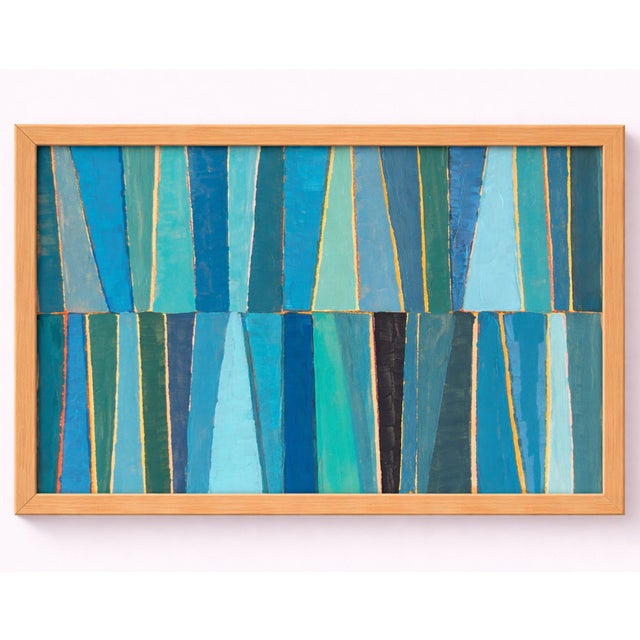 Mid-Century Modern Blue Teal Abstract Painting on Canvas Panel | Vertical Stripe Modern Wall Art | Small Original Contemporary Artwork 7x9 For Sale - Image 3 of 3