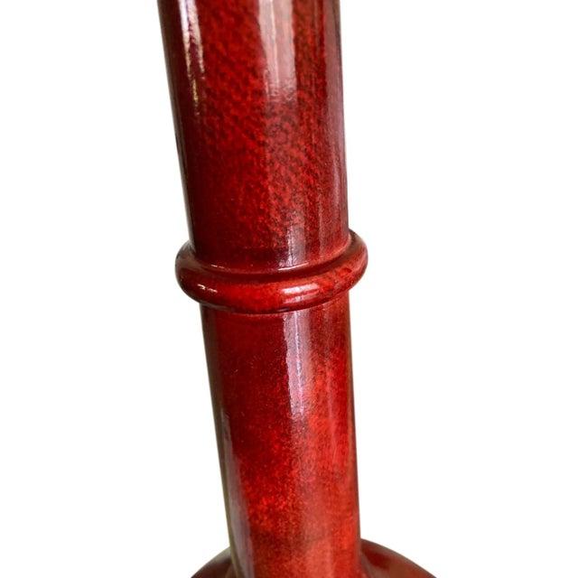 Wood Tall Red Lacquered Faux Goatskin Candlestick, 1980's For Sale - Image 7 of 10