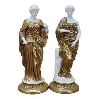 Neoclassical Greek Goddess 24k Gold Gilt Porcelain Statues Figurines 11" For Sale