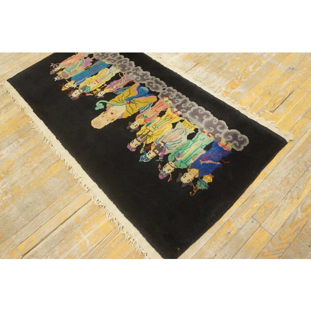 Art Deco 1920s Black Antique Chinese Art Deco Rug 10 Immortals Qing 2'7" X 4'10" Knotted Wool Carpet For Sale - Image 3 of 12