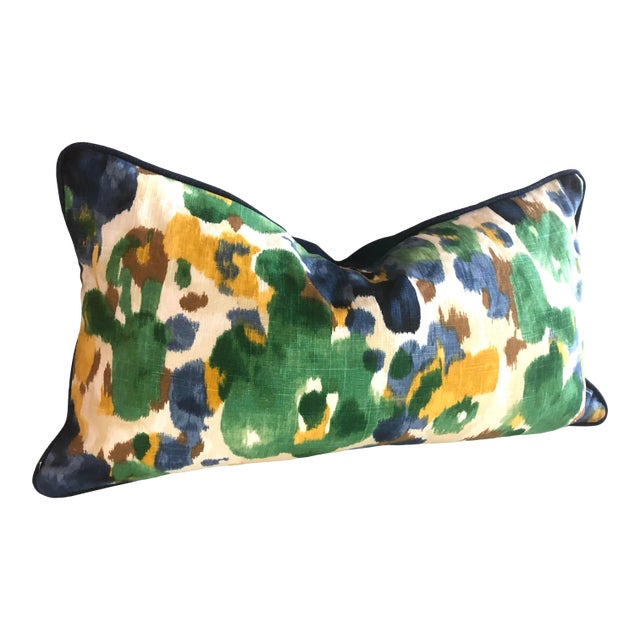 Robert Allen Abstract Navy Blue Green Yellow Linen & Perennials Canvas Cover For Sale