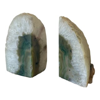 Antique Green and Ochre Geode Bookends, a Pair For Sale