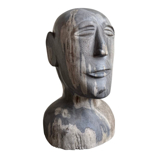 Contemporary Petrified Wood Bust Sculpture — Hand-Carved Abstract Portrait, 30 Cm For Sale