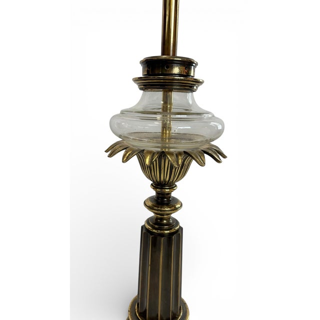 1960s MCM Neoclassical Column, Torchiere Stiffel Table Lamp, French Empire Style, Brass Finish & Glass 3-Way Elc. For Sale - Image 6 of 12
