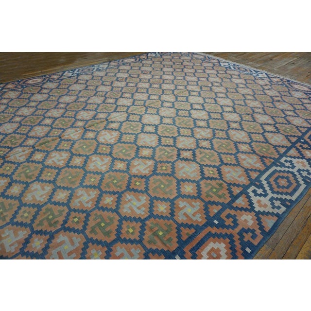 1930s Blue Orange Geometric Antique Indian Cotton Dhurrie Carpet Flatwoven Rug For Sale - Image 9 of 12