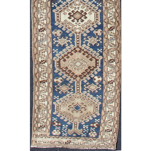 Tribal Antique Blue Tribal Karajeh Runner With Navy Blue, Brown and Earth Tones For Sale - Image 3 of 13