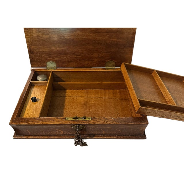 Antique Victorian English Tiger Oak Book Form Lap Desk/Stationery Box W/Inkwell For Sale - Image 4 of 12