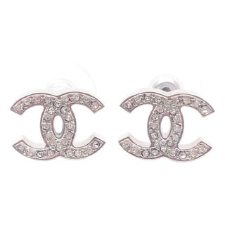 Chanel Classic Silver CC Crystal Reissued Piercing Earrings, A Pair For Sale
