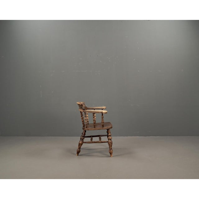 Rustic Antique English Elm Wood Captains Chair, 1890s For Sale - Image 3 of 18