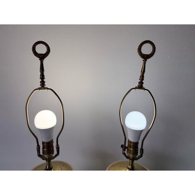 Cream 1980s Vintage Asian Style Cream Beige Crackle Glazed Ceramic & Brass Table Lamps – A Pair For Sale - Image 8 of 12