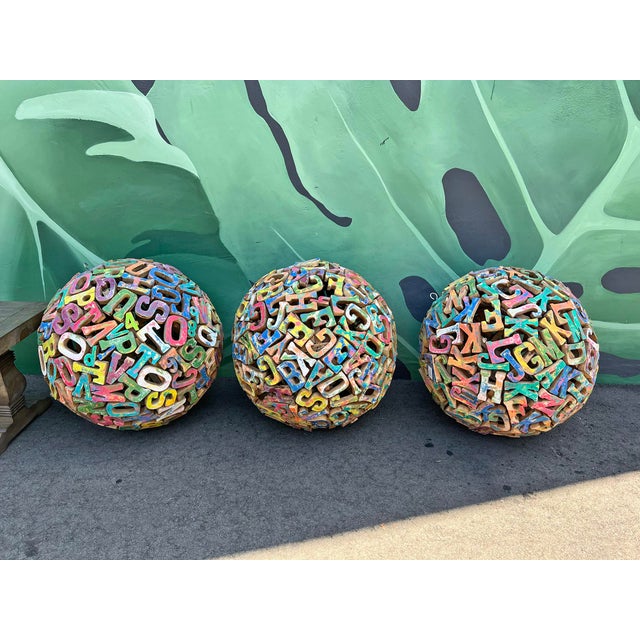Vintage Rustic Colorful Large Wood Alphabet Ball For Sale In Los Angeles - Image 6 of 6